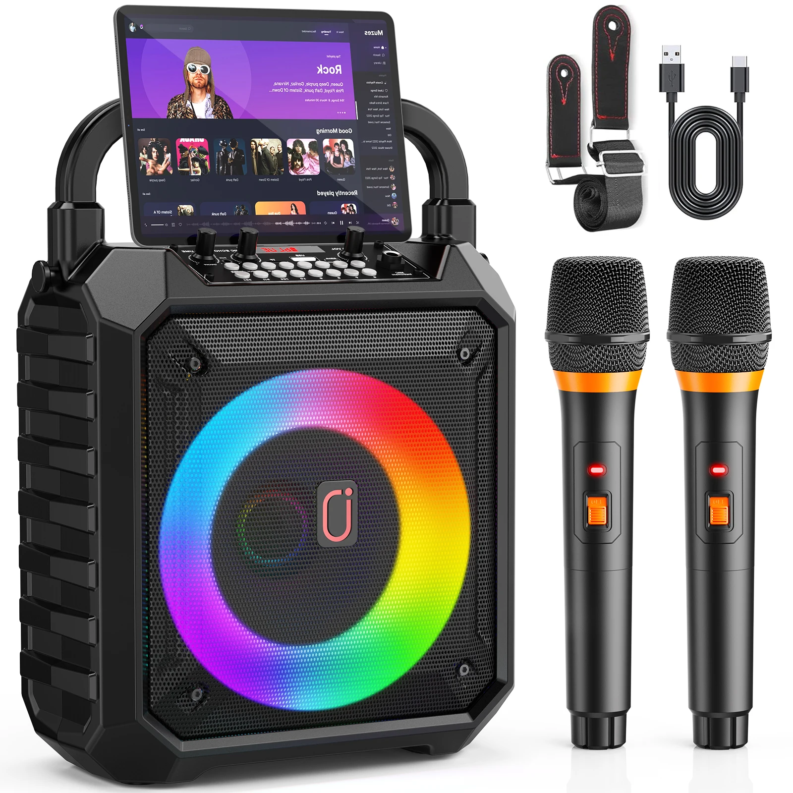 Máquina de Karaoke T17-T com 2 Microfones, Caixa de Som Bluetooth Portátil com Luzes DJ para Festas e Atividades ao Ar Livre, Sistema PA