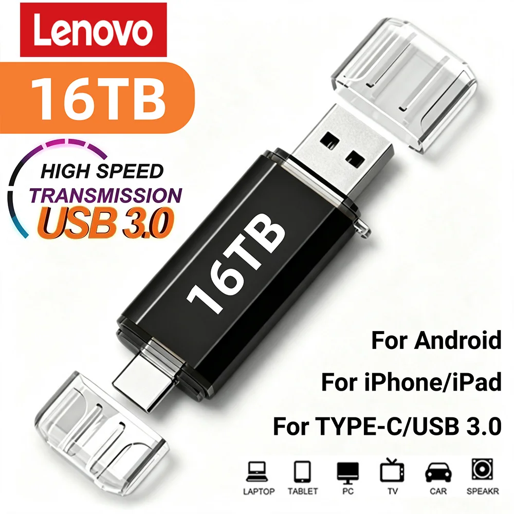 Pen Drive Lenovo 16TB 2 em 1 OTG USB 3.0 Tipo C 8TB 2TB para iPhone Huawei Xiaomi Android Laptop