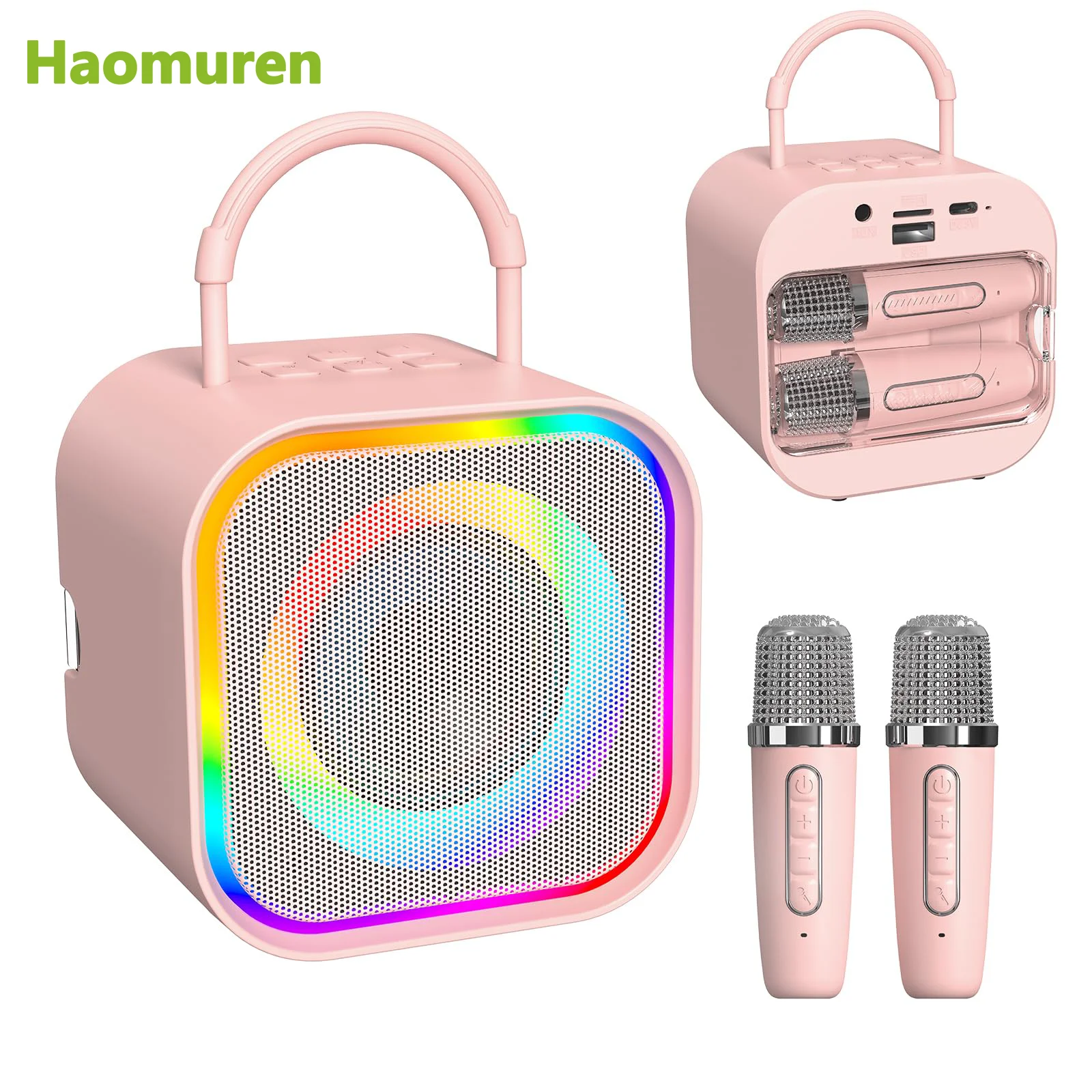 Máquina de Karaokê Mini Haomuren para Crianças, Portátil, Tudo em Um, Caixa de Som Bluetooth com 2 Microfones para Festas em Casa, Brinquedos e Presentes