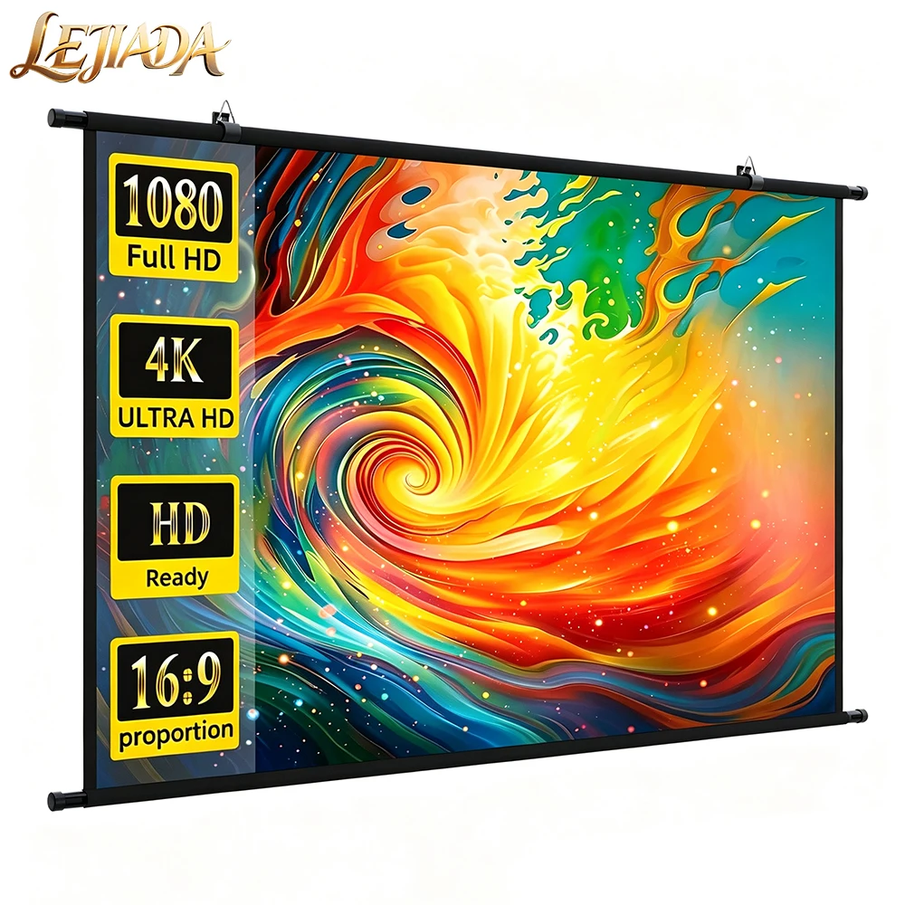 Tela de Projetor Montada na Parede LEJIADA 16:9 Branca Sem Rugas em Seda de Leite 160 ° Ângulo de Visão para Home Theater ao Ar Livre 60/84/100 polegadas