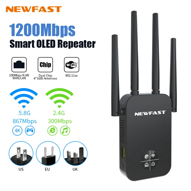 Repetidor WiFi Newfast 1200Mbps de Longo Alcance OLED 5Ghz, Extensor de Sinal WiFi, Amplificador de Sinal, Repetidor de Antena, Plugue UK Repetidor WiFi Newfast 1200Mbps de Longo Alcance OLED 5Ghz, Extensor de Sinal WiFi, Amplificador de Sinal, Repetidor de Antena, Plugue UK