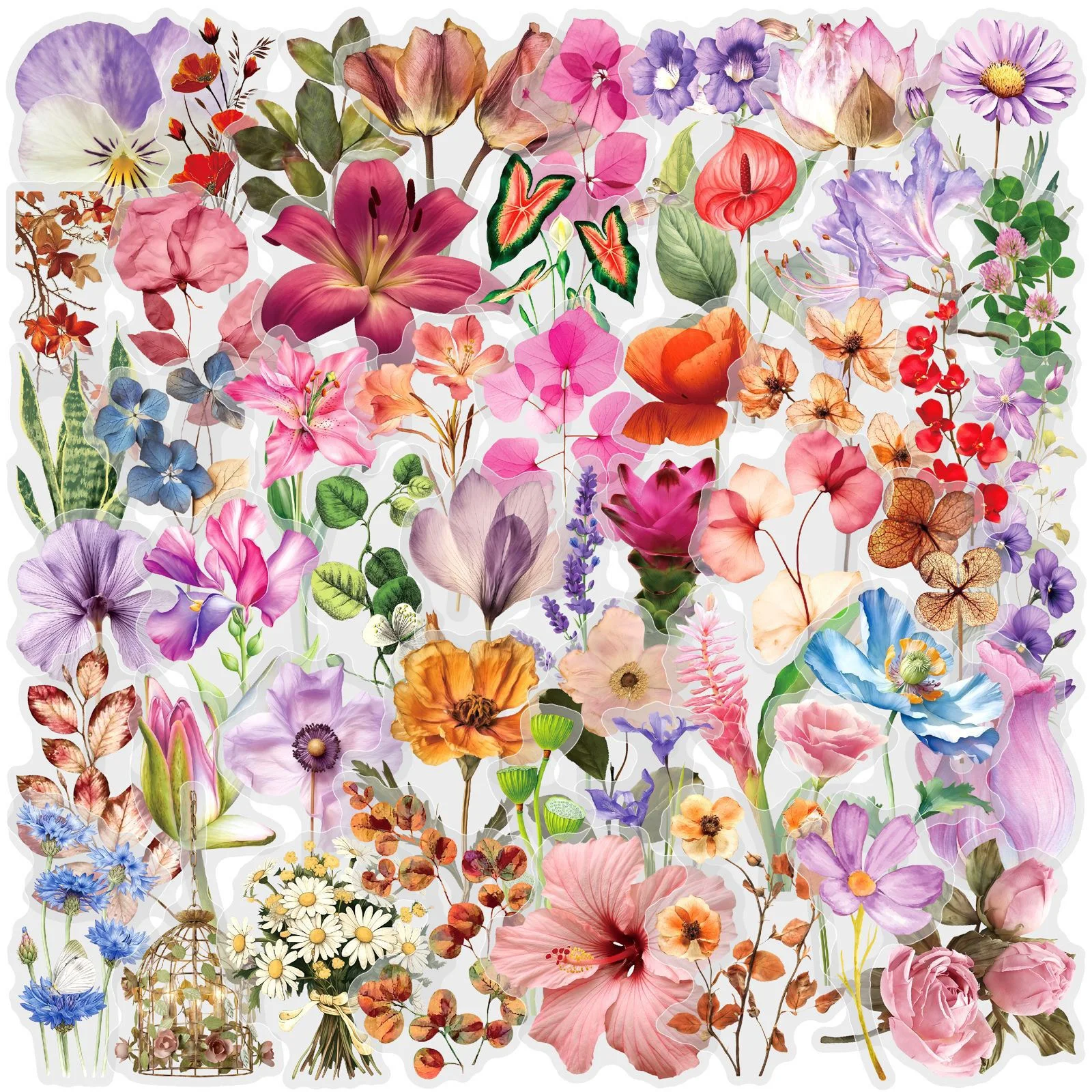Pacote de 50 Adesivos de Flores com Tinta Colorida, Impermeáveis, Transparentes em PET, Material Decorativo para Cadernos