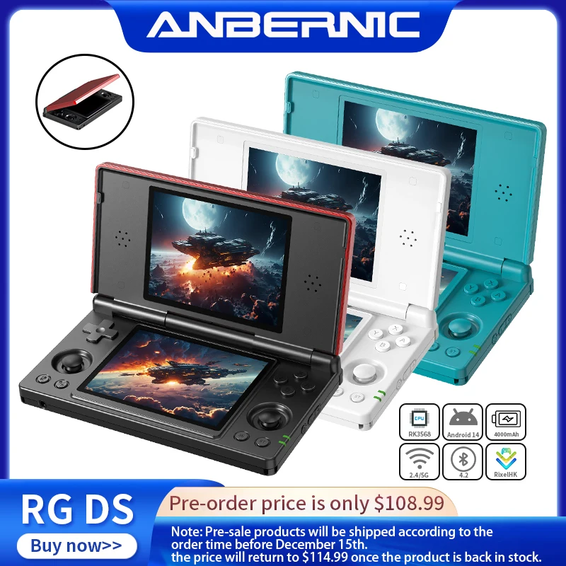 Console de Jogos Portátil ANBERNIC RG DS RK3568 64-bit com Tela IPS Multitoque de 4 Polegadas, Android, Bateria de 4000mAh, Player de Jogos com Tela Dupla Flip