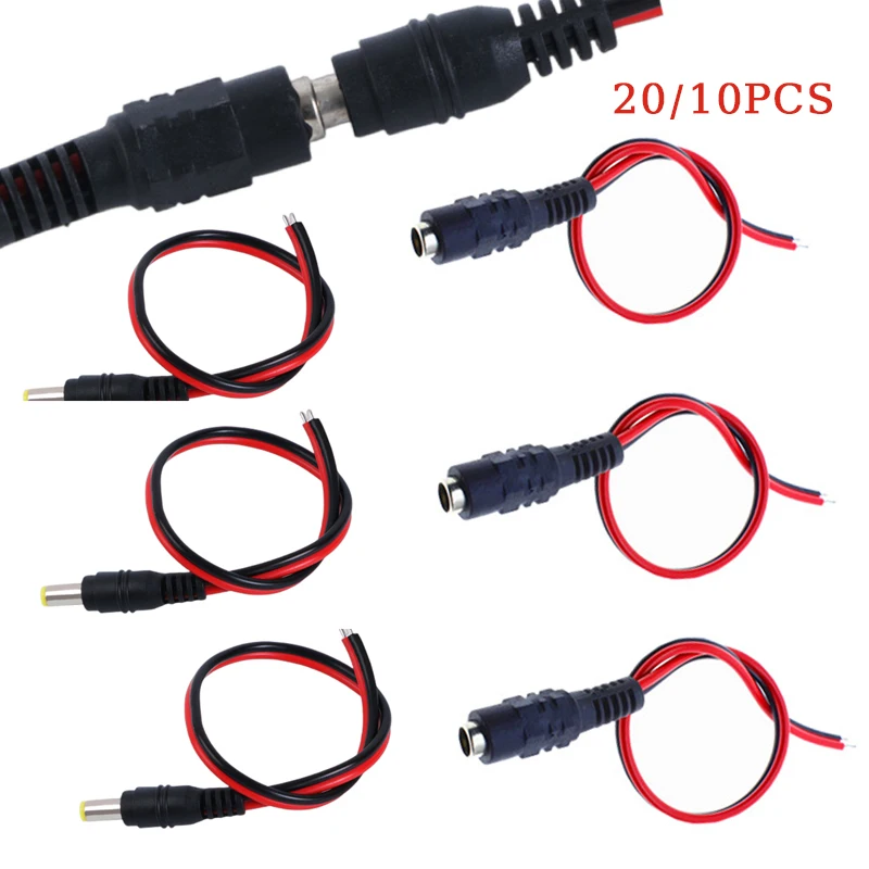10/20PCS Conectores DC 12V Macho e Fêmea, Cabo Adaptador de Linha de Fio, Plugue de Fonte de Alimentação 5.5 X 2.1mm