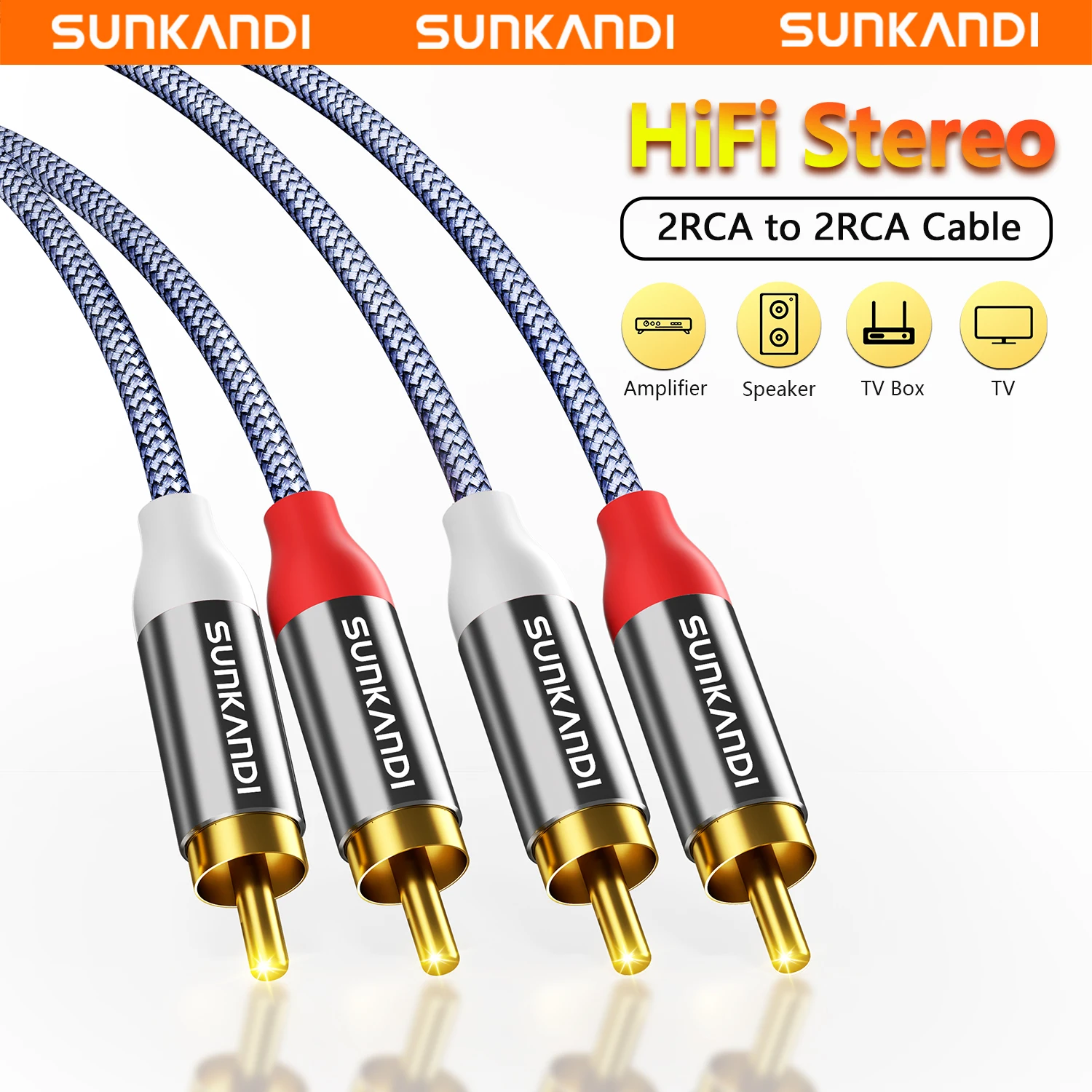 Cabo SUNKANDI 2RCA para 2RCA, Cabo de Áudio Estéreo Banhado a Ouro 2 RCA Macho para 2 RCA Macho para Home Theater, HDTV, Consoles de Jogos