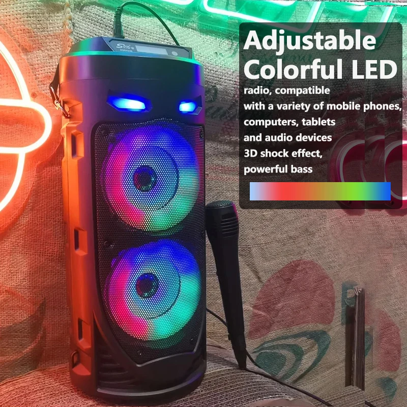 Caixa de Som Bluetooth Portátil de 30W com Subwoofer e Microfone para Karaoke Familiar USB