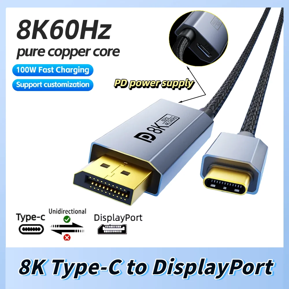 Cabo Type-C para DisplayPort 1.4 8K com Carregamento PD 8K@60Hz 4K@120Hz para Conexão de PC Gamer, Laptop e Monitor