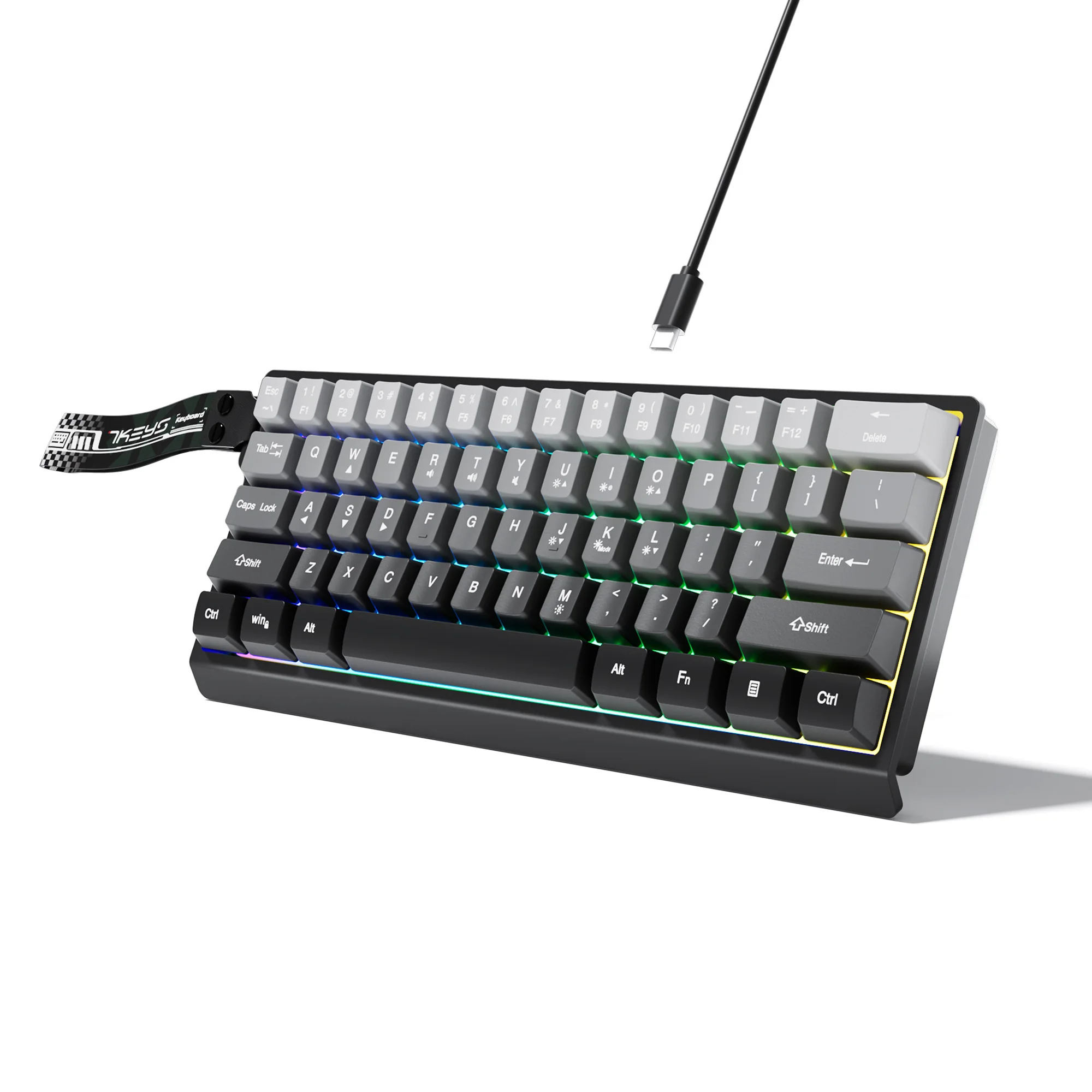 Teclado Compacto com Fio 60% com Retroiluminação RGB e Teclas em Cores Gradientes, Adequado para Tablets Windows, Laptops e Gamers.
