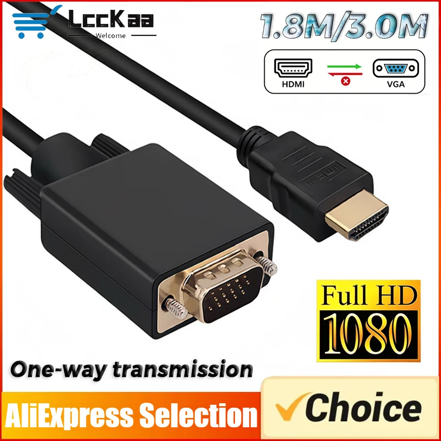 Adaptador HDMI-Compatível com VGA 1080P, Cabo de 1.8M/3.0M, Conversor de Vídeo e Áudio Masculino para Desktop, Laptop, PC, TV, Monitor, Projetor