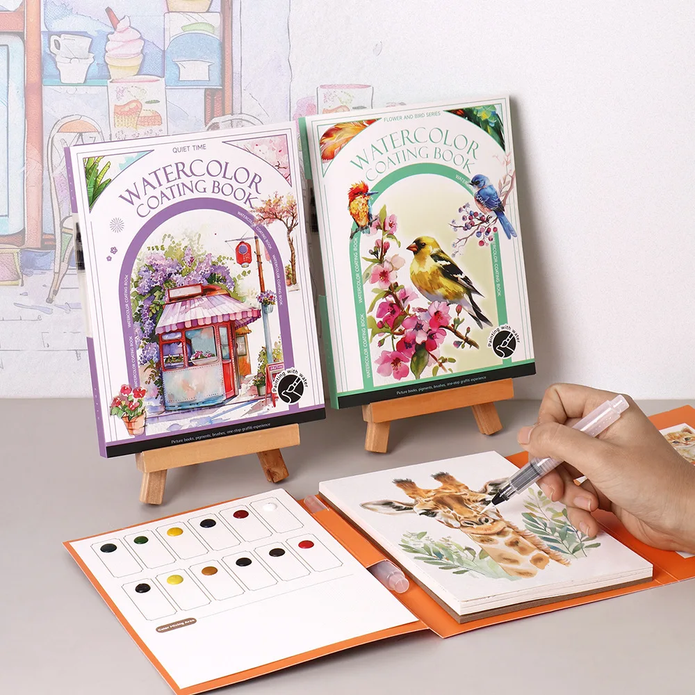 Conjunto de pintura em aquarela Bview Art Travel com livro triplo, 12 cores embutidas e papel de nota para alívio do estresse para terapia de arte DIY
