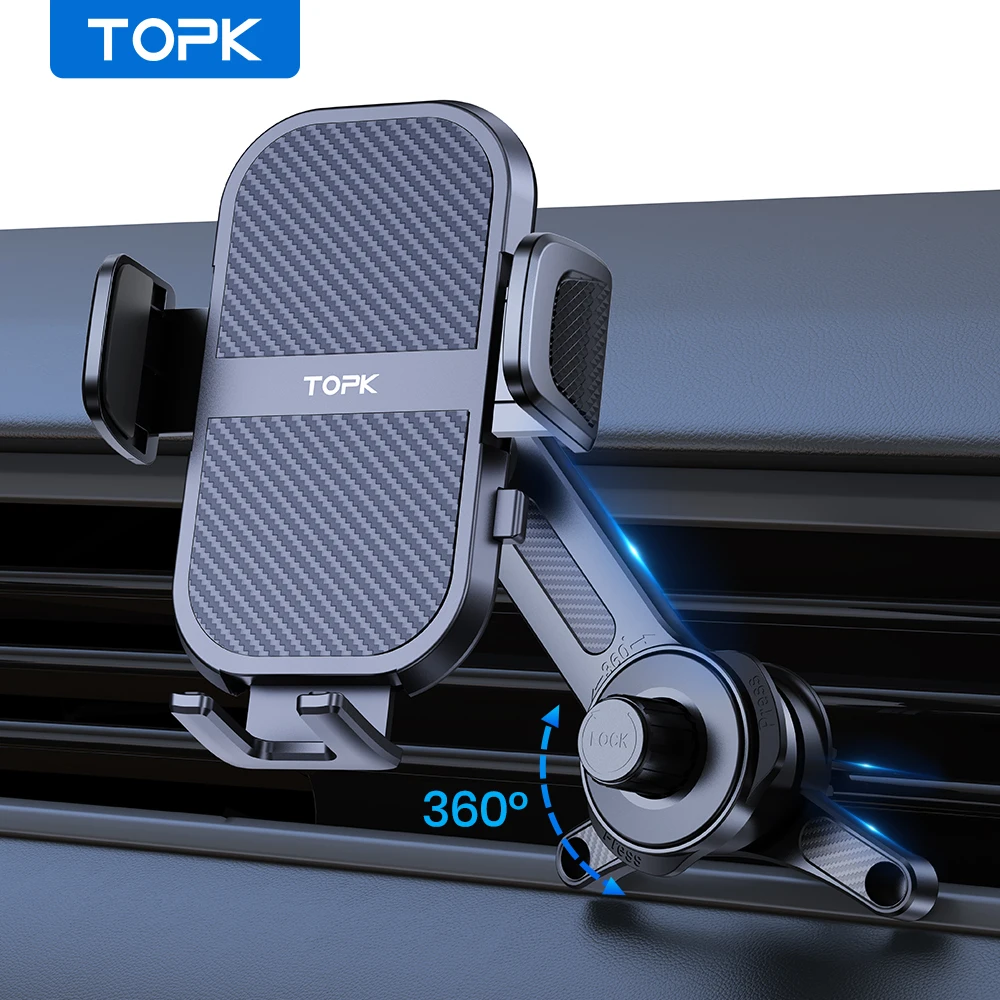 Suporte para telefone para carro com ventilação de ar TOPK D46T, 360 ° Suporte giratório do telefone do carro do gancho do metal com fácil instalação para todos os smartphones