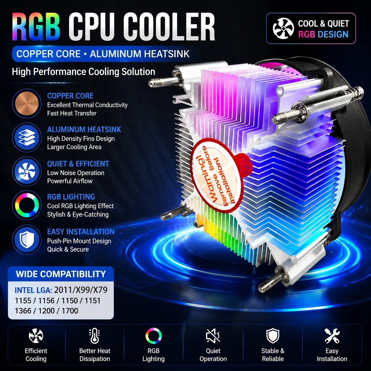 Cooler de Ar RGB para CPU 4PIN PWM com Núcleo de Cobre, Ventoinha de Resfriamento de 90MM para Processadores de PC Intel 115X/1700/1200/1366/2011/2011-3/X99/X79