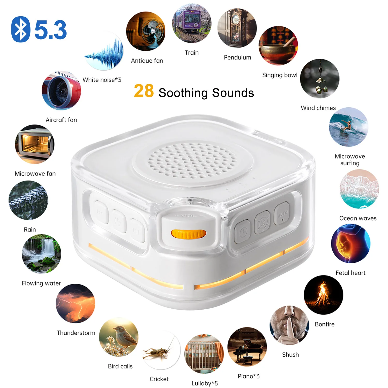 Máquina de Ruído Branco com Função Bluetooth, Caixa de Som Bluetooth, Aparelho para Auxiliar no Sono com Luz Noturna para Bebês e Adultos