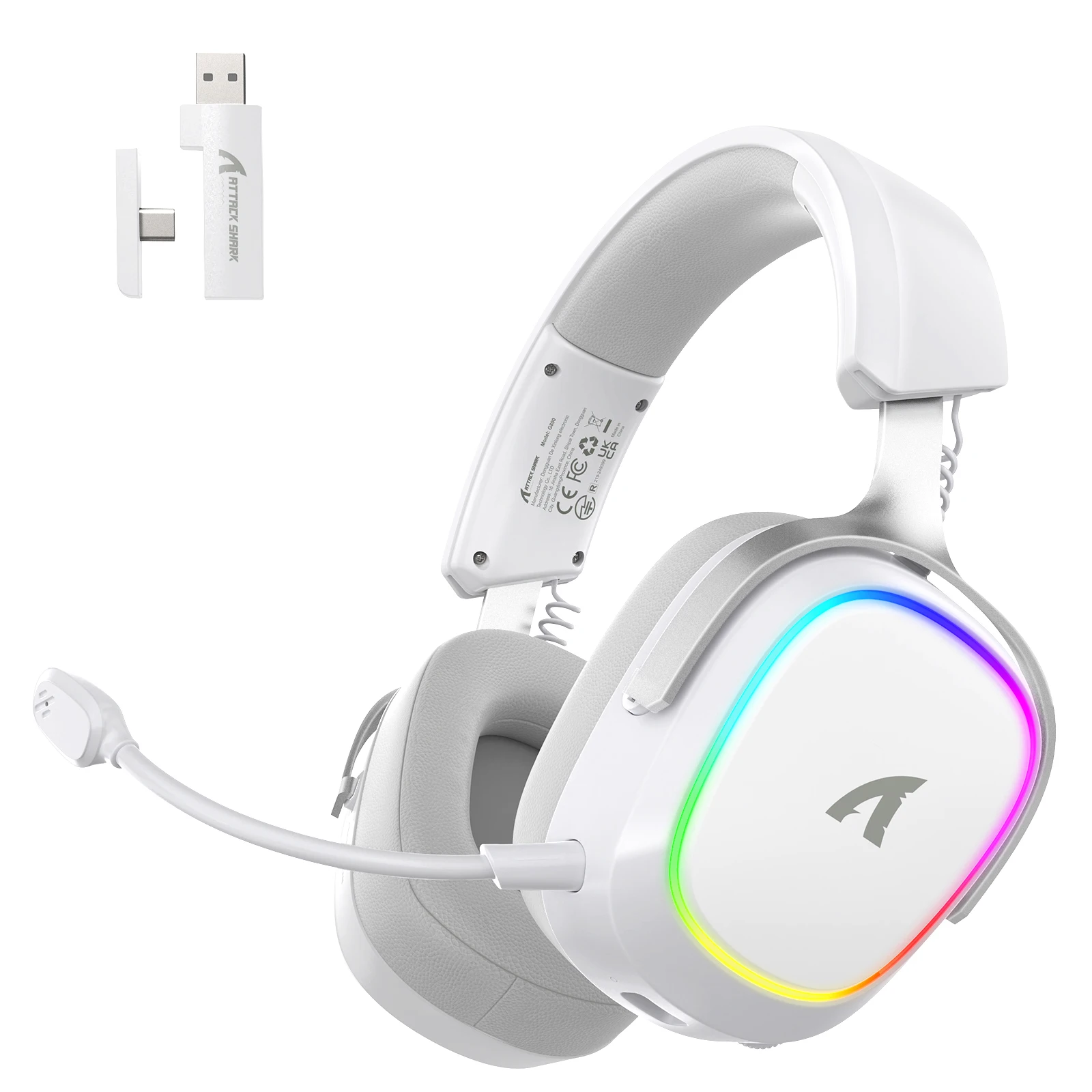 Headset Gamer Sem Fio Attack Shark G800 2.4G, Bluetooth 5.3, Som Surround 7.1, Microfone Destacável, 1000mAh, Fones de Ouvido RGB para PC/PS
