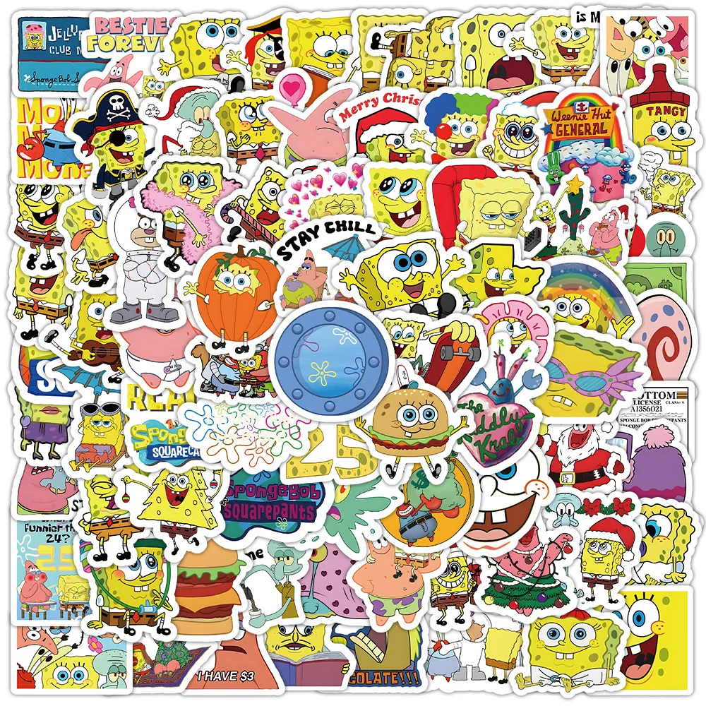 100 pçs kawaii bob esponja calças quadradas dos desenhos animados graffiti adesivo bagagem notebook dos desenhos animados adesivos à prova dwaterproof água crianças brinquedo decoração