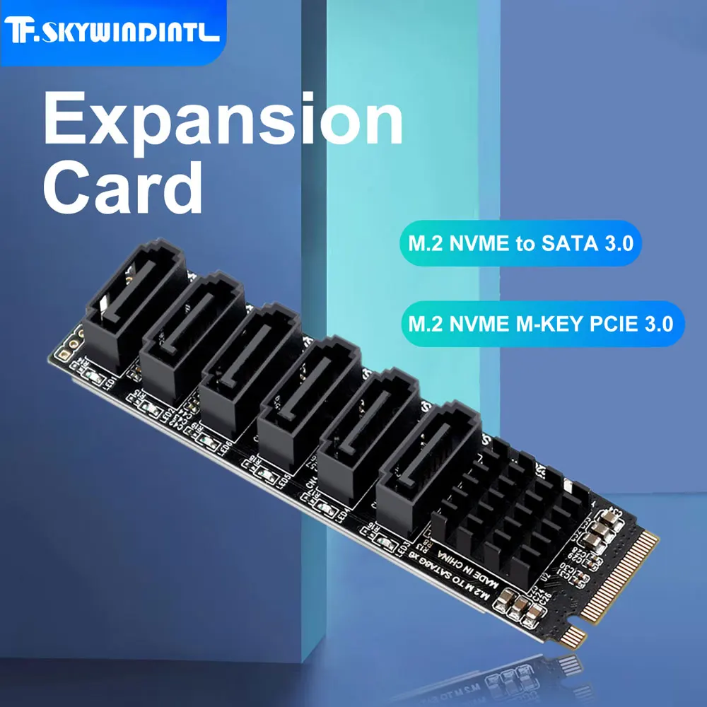 Placa adaptadora M.2 NVME para SATA 3.0 ASM1166 M2 M-EKY PCIE3.0 para SATA 6 Gbps Placa de expansão de 6 portas para HDD SDD