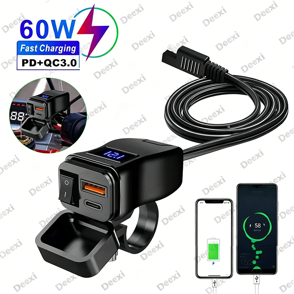 Carregador Rápido USB para Motocicleta PD QC3.0 60W com Soquete USB Duplo no Guidão com Interruptor e Voltímetro à Prova d'Água Adaptador de Fonte de Alimentação 12V