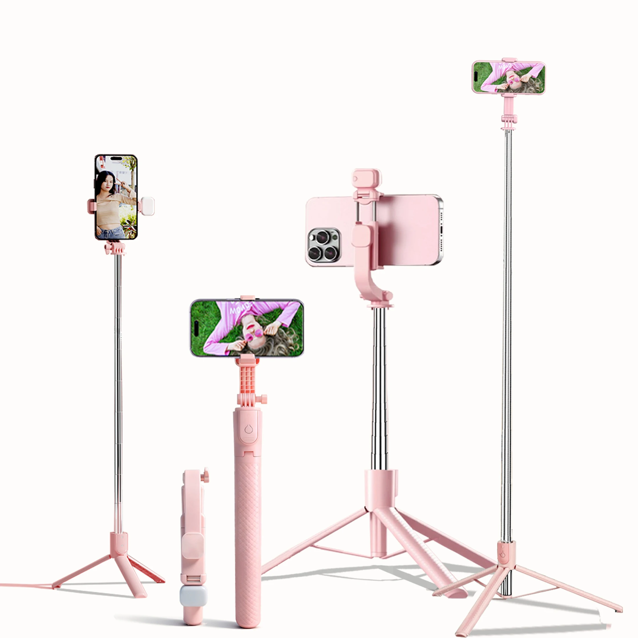 Bastão de Selfie Extensível de Alumínio com Tripé, Luz de Preenchimento e Controle Remoto Bluetooth, Compatível com iPhone/Android, para Viagem