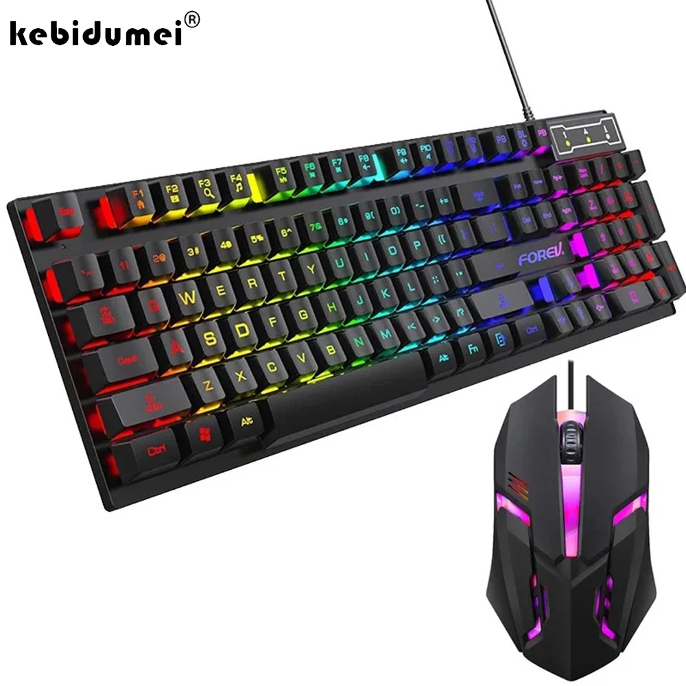 Teclado Mecânico Retroiluminado Kebidumei com 104 Teclas, Teclado Gamer com Fio, Conjunto de Teclado e Mouse Luminosos para Gamer, PC, Laptop e Escritório