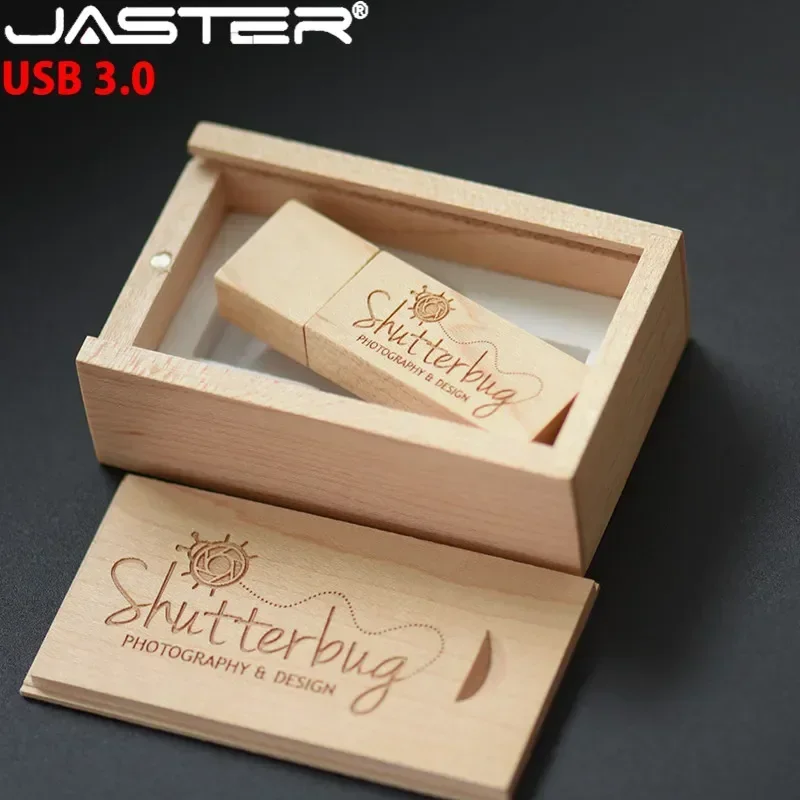 Jaster usb 3.0 fotografia logotipo personalizado gratuito caixa de presente usb de madeira flash drive madeira pendrive 8gb 16gb 32gb 64gb presentes de casamento