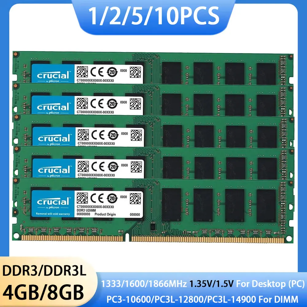 1/2/5/10PCS Memória Crucial Desktop DDR3 DDR3L RAM 8GB 4GB 1600 1333 1866MHz Memória DIMM 1.35V 1.5V PC3-12800 10600 14900 RAMs