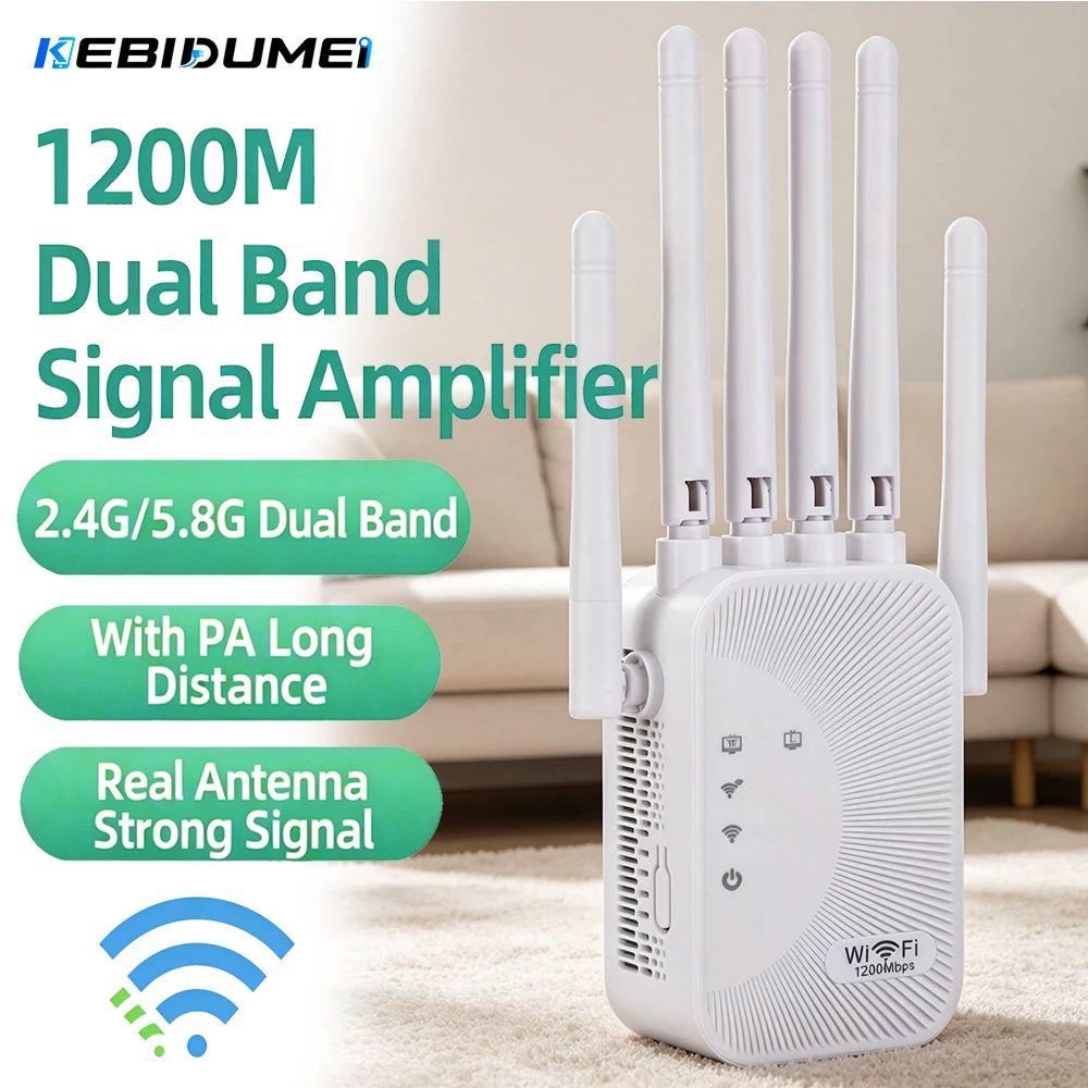 KEBIDUMEI Extensor de Sinal WiFi Dual Band AC1200 1200Mbps 2.4G&5GHz, Amplificador de Sinal Sem Fio, Repetidor WiFi para Casa e Escritório