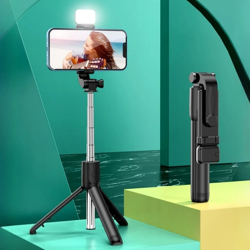 FGCLSY Monopé Luz de preenchimento de obturador remoto para iPhone Samsung Xiaomi Suporte para telefone Mini tripé sem fio Bluetooth Selfie Stick