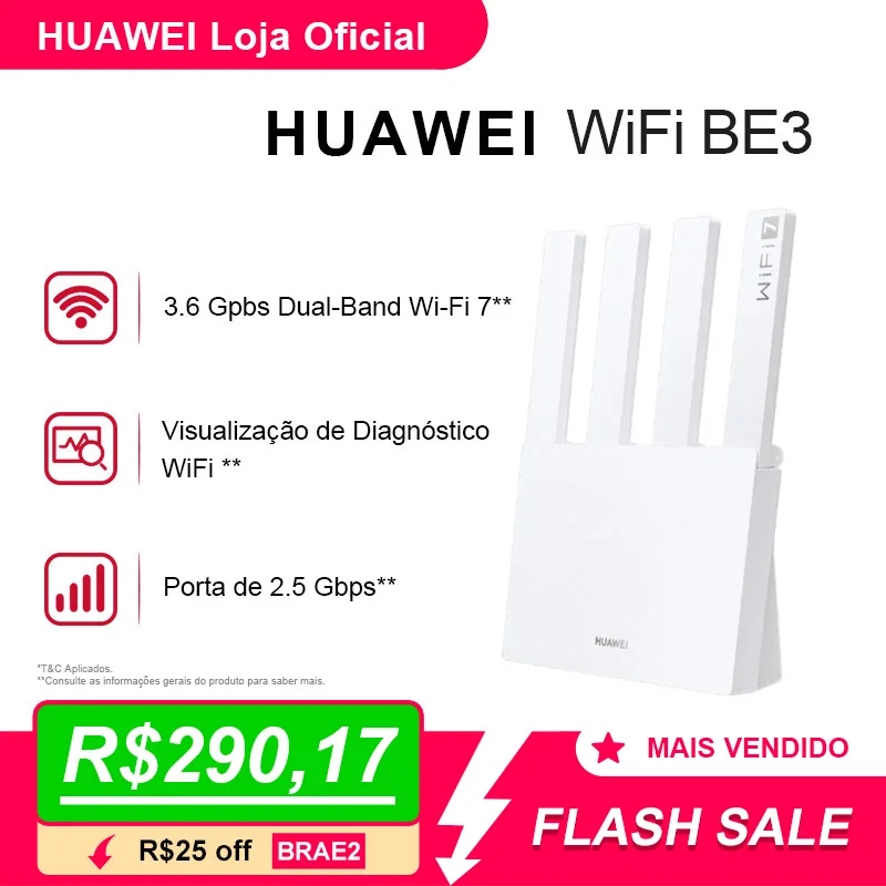 HUAWEI WiFi BE3 | Roteador | 3.6 Gpbs Dual-Band Wi-Fi 7 | Porta de 2.5 Gbps HUAWEI WiFi BE3 | Roteador | 3.6 Gpbs Dual-Band Wi-Fi 7 | Porta de 2.5 Gbps