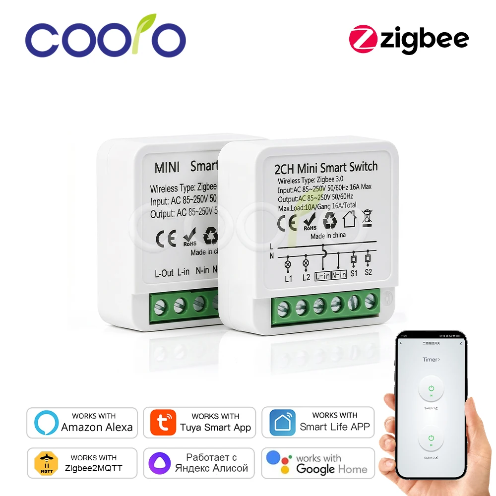 Interruptor Inteligente Zigbee 16A 1CH/2CH, Módulo de Automação Mini para Casa Inteligente, compatível com Tuya Hub, Smart Life, Alexa e Google Home