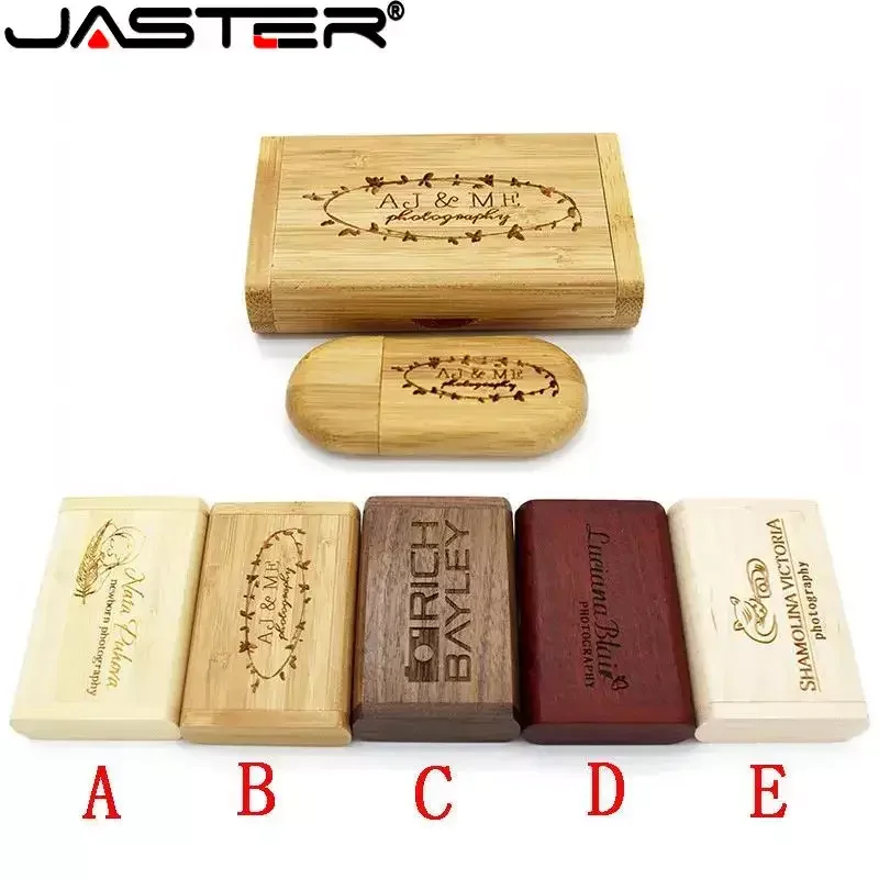Pen Drive USB 2.0 de Madeira JASTER 128GB 1PCS com Logotipo Personalizado Grátis e Caixa, Pen Drive de 64GB 32GB 16GB, Presente de Casamento, U Disk
