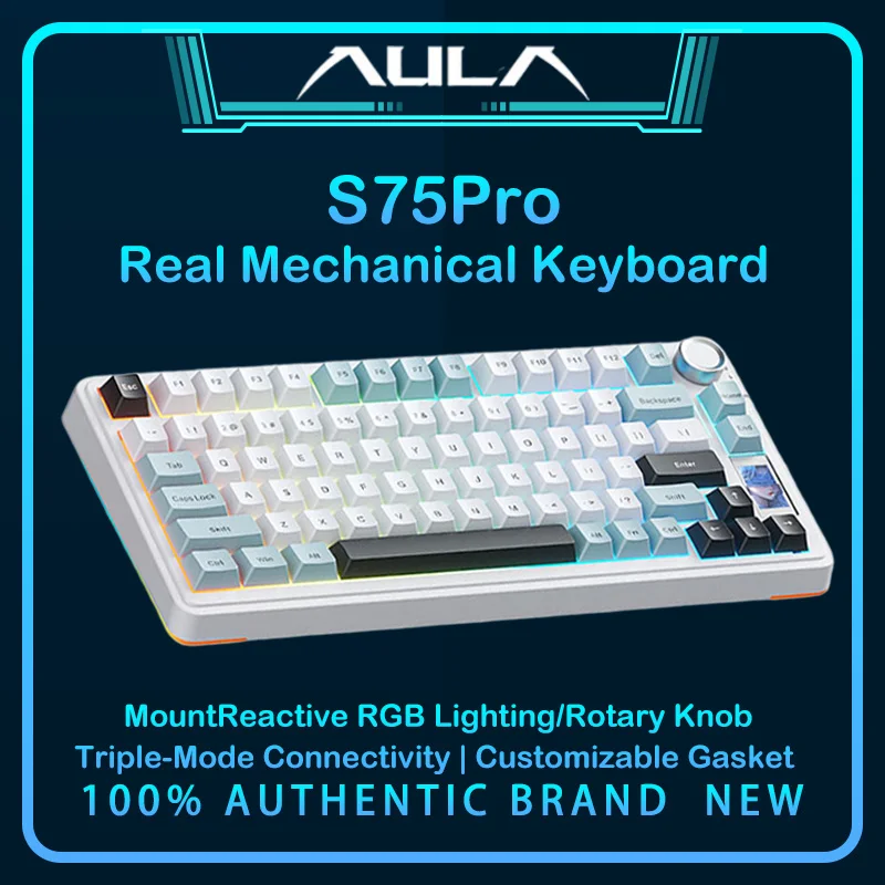 Teclado Mecânico AULA S75 Pro 75% Tri-Mode com Tela TFT, Botão de Metal, Hot Swap, Gasket, RGB, PBT, Teclado Gamer Personalizado para PC e Laptop