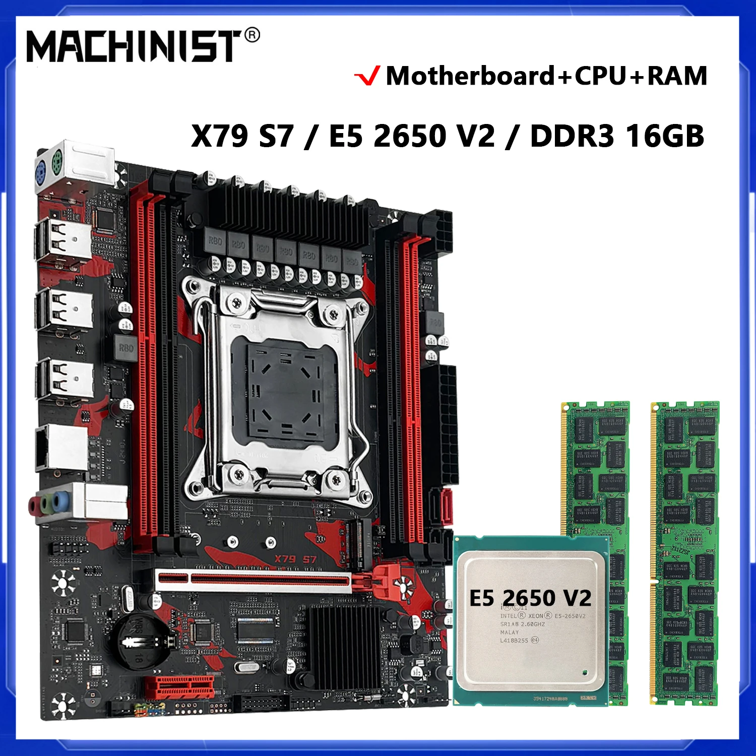 Placa-Mãe MACHINIST X79 S7, Processador Xeon E5 2650 V2 LGA 2011 Opcional e Kit de Memória RAM DDR3 16G NVME M.2