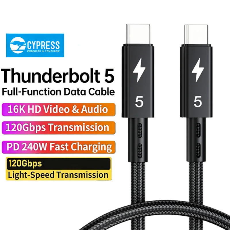 Novo Cabo Thunderbolt 5 120Gbps PD 240W Cabo de Dados Carregamento Rápido 8K60Hz Tipo C para MacBook, iPad, iPhone, Android