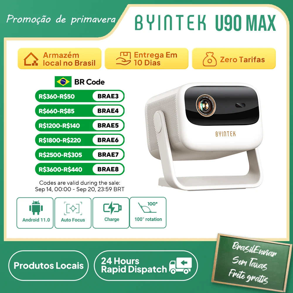 Projetor BYINTEK U90 4K Google TV 11.0 Full HD 1080P Cinema WiFi Portátil Home Theater Vídeo Projetor DLP com Bateria