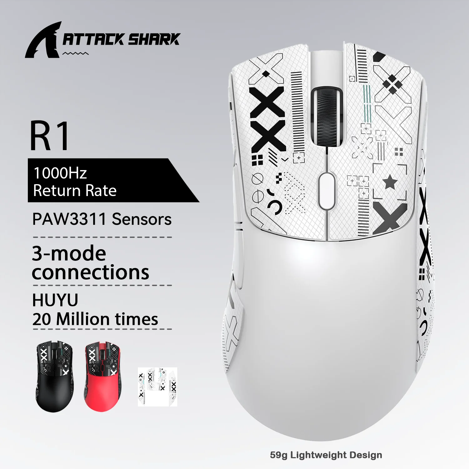 Mouse para jogos sem fio Attack Shark R1 X11, 18K DPI PAW3311, Tri-Mode Bluetooth/2,4 GHz/com fio, leve, mouse para jogos macro Mouse para jogos sem fio Attack Shark R1 X11, 18K DPI PAW3311, Tri-Mode Bluetooth/2,4 GHz/com fio, leve, mouse para jogos macro