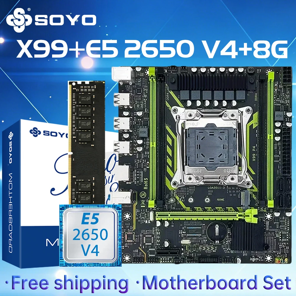 Kit de Placa-Mãe X99-8D4 SOYO com CPU Intel LGA2011-3 Xeon E5 2650 V4, Memória RAM DDR4 8GB (1*8GB) 2133MHZ, NVME M.2 SATA