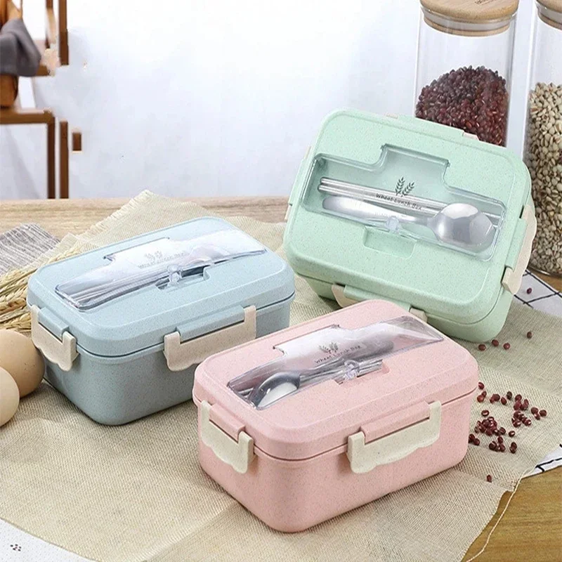 Caixa Bento de Palha de Trigo com Louça, Lancheira Microondas, Recipiente De Armazenamento De Alimentos, Caixa Bento Portátil, Crianças, Crianças, Escola, Escritório