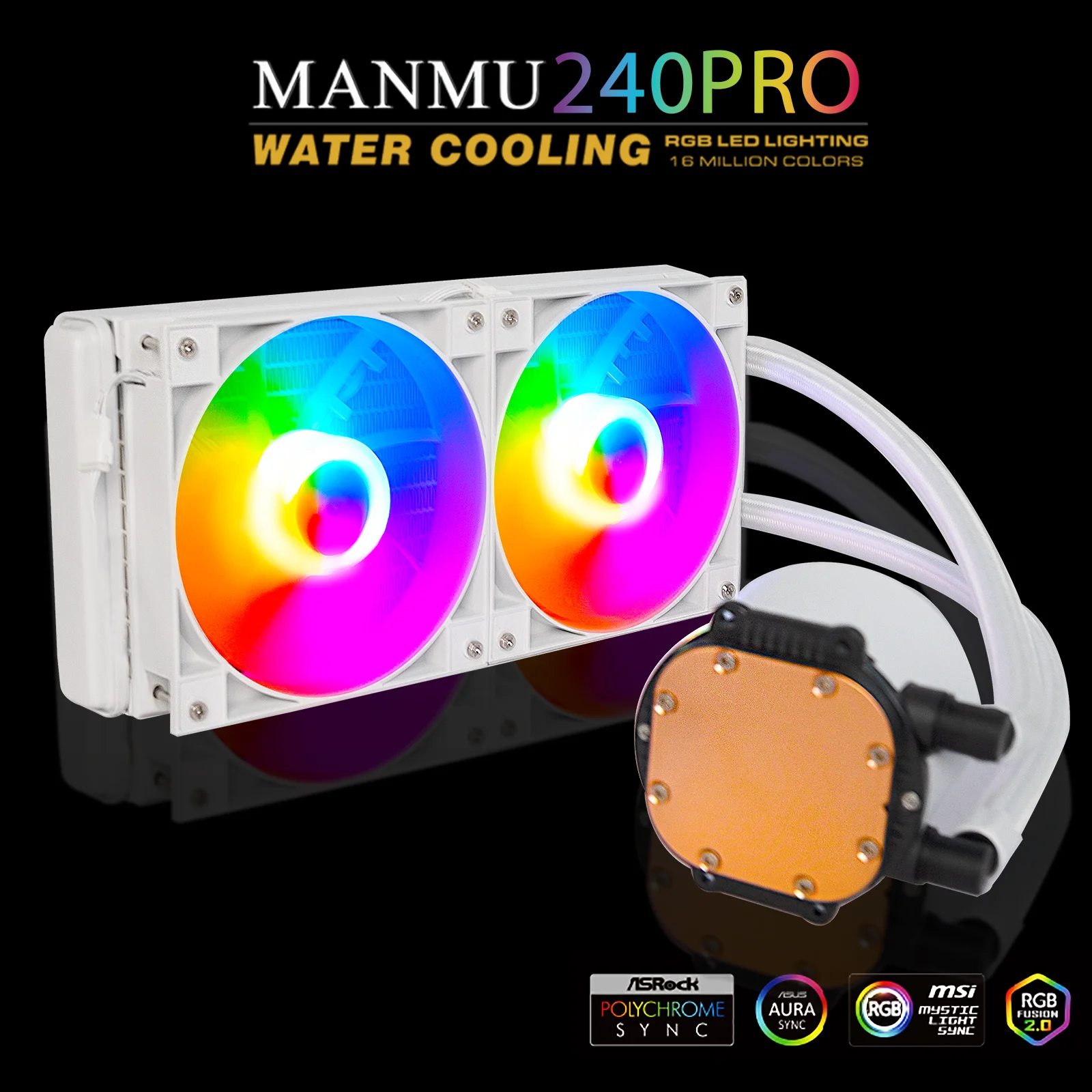 MANMU Refrigerador de CPU líquido branco 240 RGB endereçável e bomba PWM e ventiladores TDP AIO Refrigerador de água com controlador