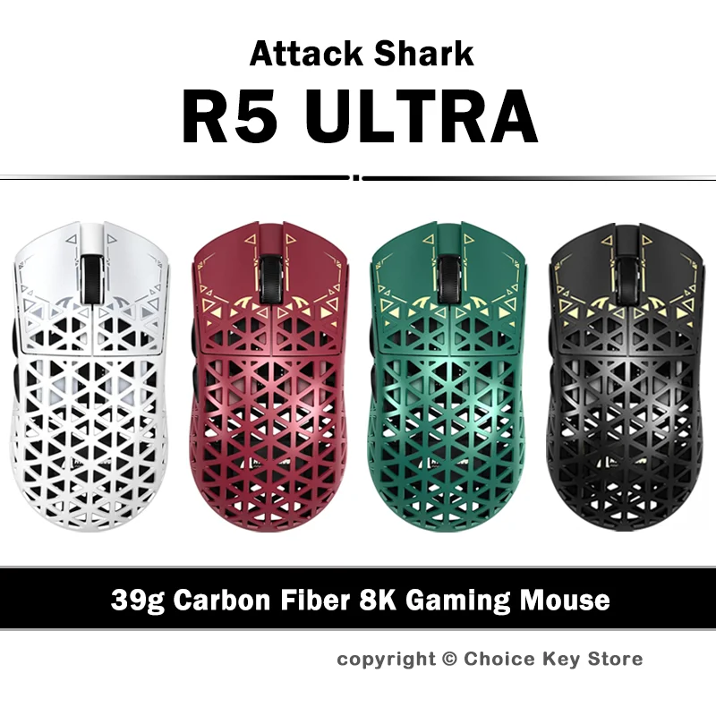 Mouse Gamer Sem Fio ATTACK SHARK R5 Ultra 39g Fibra de Carbono PAW3950MAX 42000 DPI Tri-Mode Sem Fio 8K Polling Mouse de Alta Performance