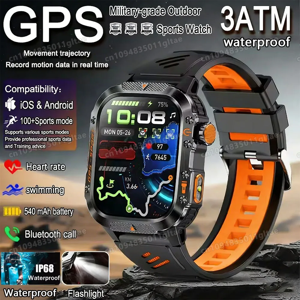 Relógio Inteligente Militar Novo 2026 para Homens com GPS, Lanterna, Resistência à Água 3ATM, Chamada Bluetooth, 100+ Modos de Esporte, Relógio Inteligente para Atividades ao Ar Livre Pk HT30