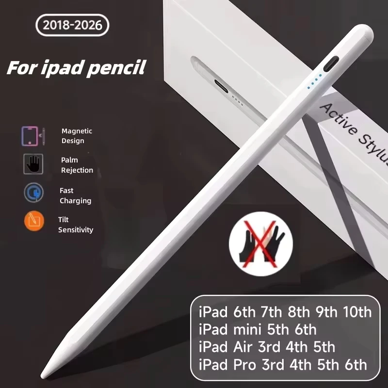 Caneta Stylus para Apple Pencil 2 1 com Rejeição de Palma e Sensibilidade à Inclinação para iPad 6/7/8/9/10 (2018-2026), Mini 5/6, Air 3/4/5, Pro 11/12