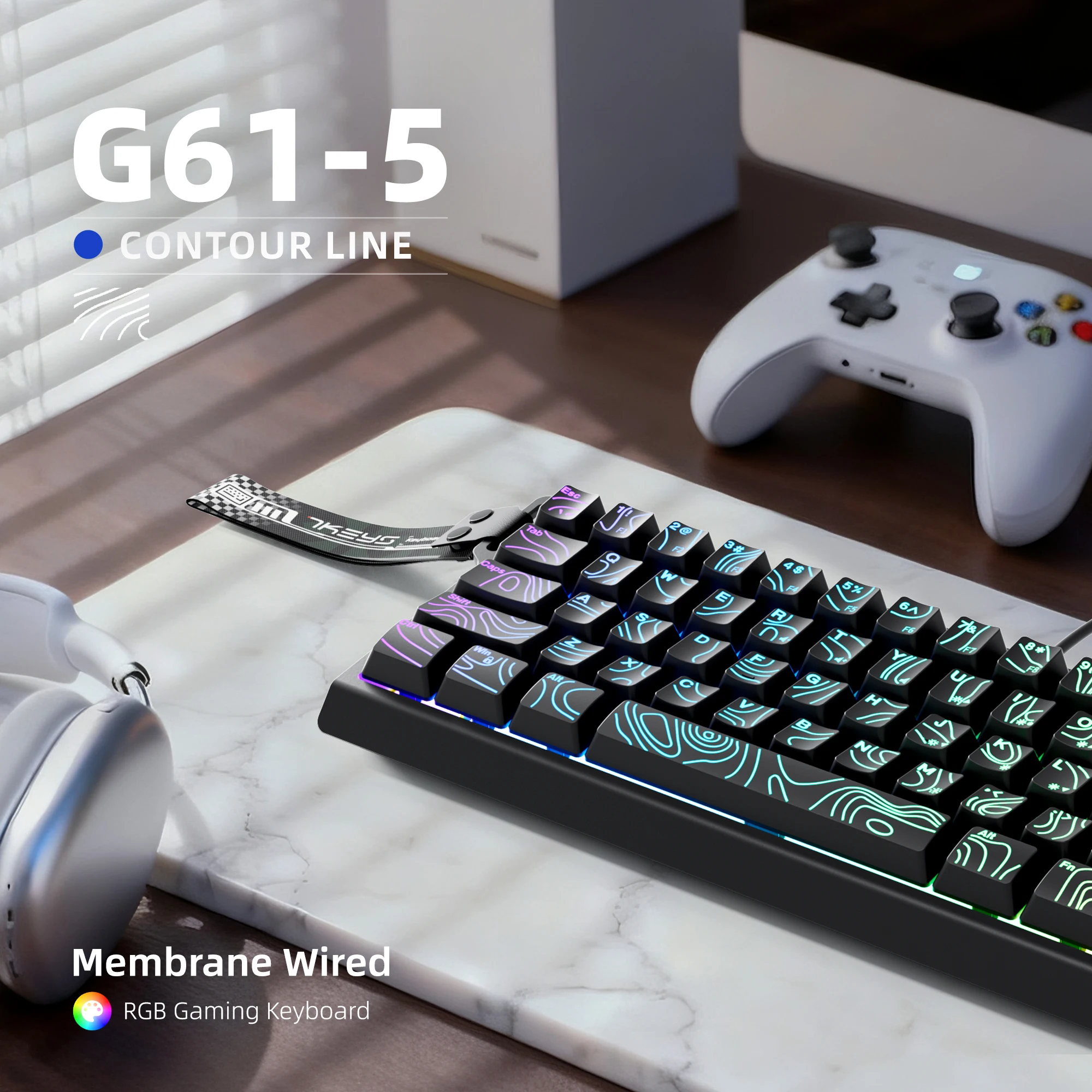 Teclado de jogo com fio 60%, luz de fundo RGB, mini compacto à prova d'água 61 teclas, adequado para jogadores PC/Mac