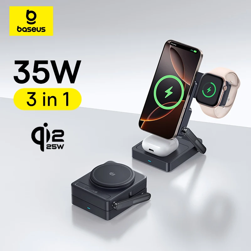 Carregador Sem Fio Magnético Baseus 3 em 1 Qi2.2 25W Carregamento Rápido para iPhone 17 16 15 14 Apple Watch Fones de Ouvido AirPods Pro iWatch