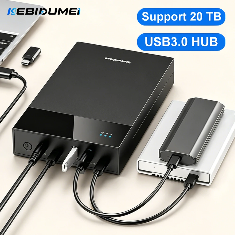 Gabinete KEBIDUMEI para HDD/SSD 2.5/3.5 com HUB USB 3.0, Suporta 20TB, Caixa Externa para HD/SSD SATA de 3.5 e 2.5 Polegadas Gabinete KEBIDUMEI para HDD/SSD 2.5/3.5 com HUB USB 3.0, Suporta 20TB, Caixa Externa para HD/SSD SATA de 3.5 e 2.5 Polegadas