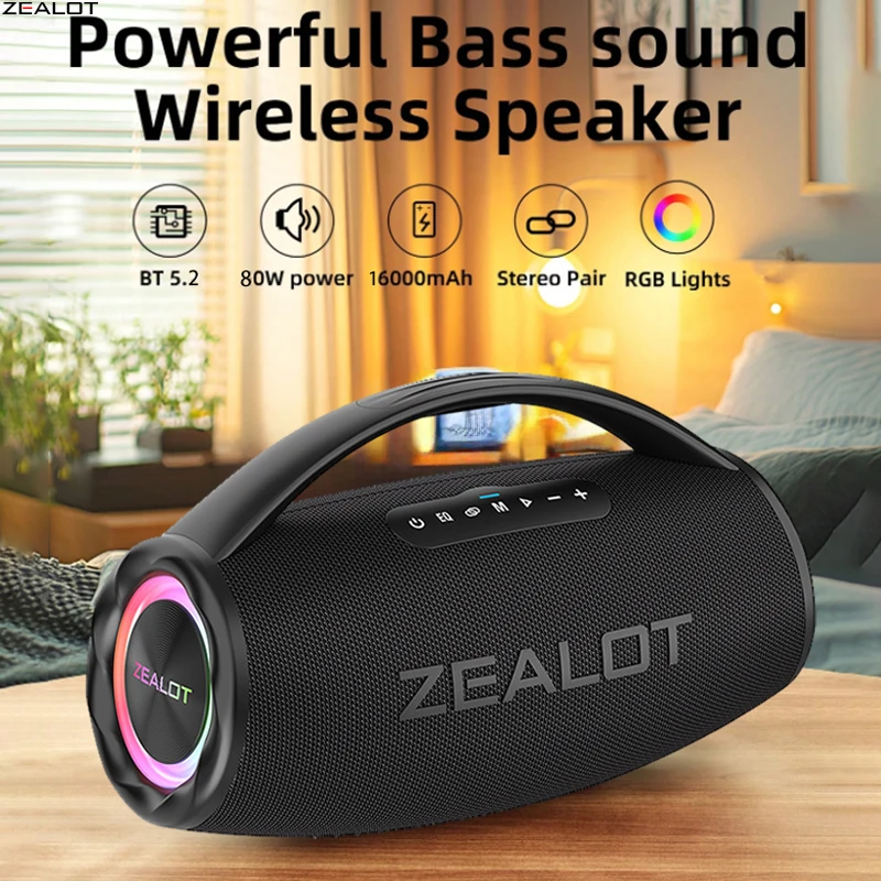 Caixa de Som Bluetooth Portátil ZEALOT S97 80W, Alta Potência, À Prova D'Água, 16000mAh, Subwoofer Sem Fio TWS, Suporte USB/TF/AUX, Luz RGB.