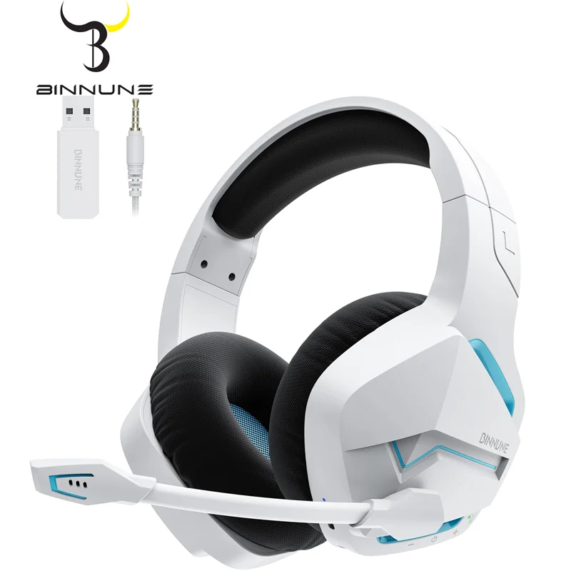 BINNUNE BW01 Fone de ouvido sem fio para jogos com 2,4 GHz para PS5, PS4, PC 120 horas Bluetooth 5.3 Fones de ouvido para jogos com microfone com cancelamento de ruído