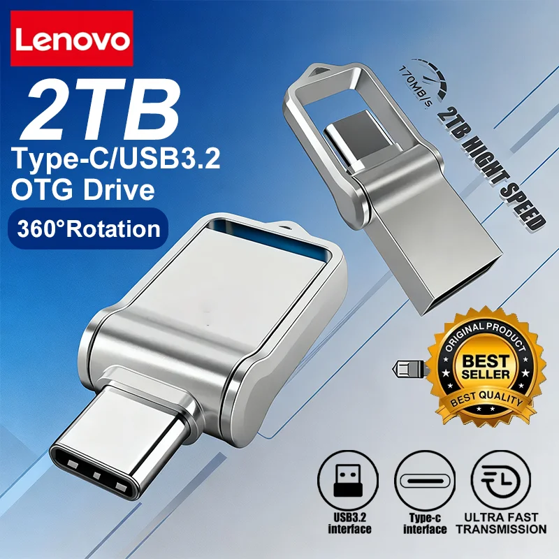 Pen Drive USB de Alta Velocidade Lenovo, Metal, 2TB, 1TB, 512GB, Portátil, à Prova d'Água, para Carro e Celular