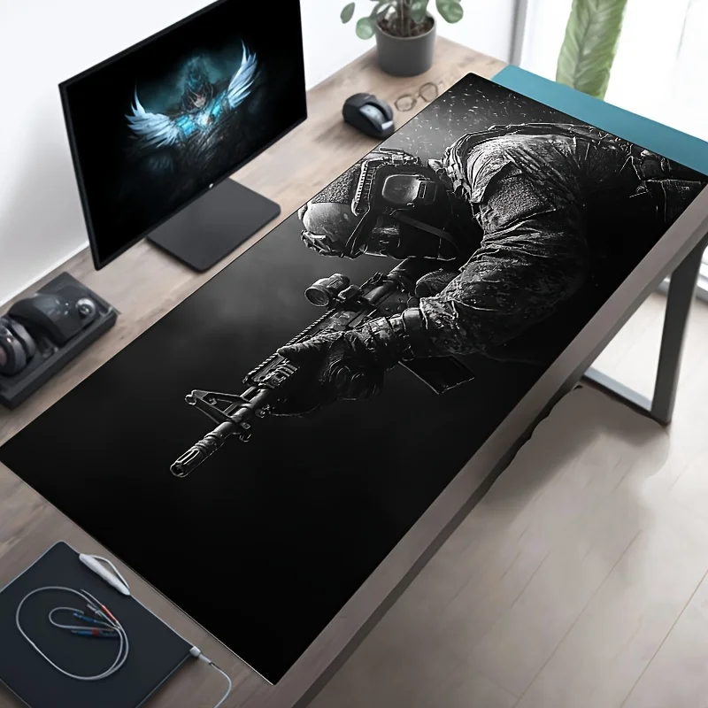 Mouse Pad Grande com Design Tático de Soldado, Antiderrapante, XXL, Acessórios para Jogos, Bordas Costuradas para Casa e Jogos, para Gamers de FPS
