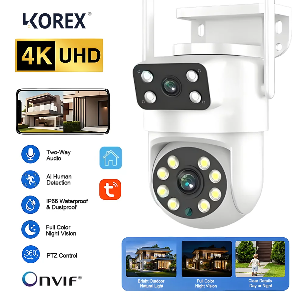 Câmera WIFI de 5K 10MP com Lente Dupla, Full HD, Tela Dupla, Rastreamento Automático de Pessoas por IA, Câmera PTZ de Segurança Externa, Câmera de Vigilância Tuya