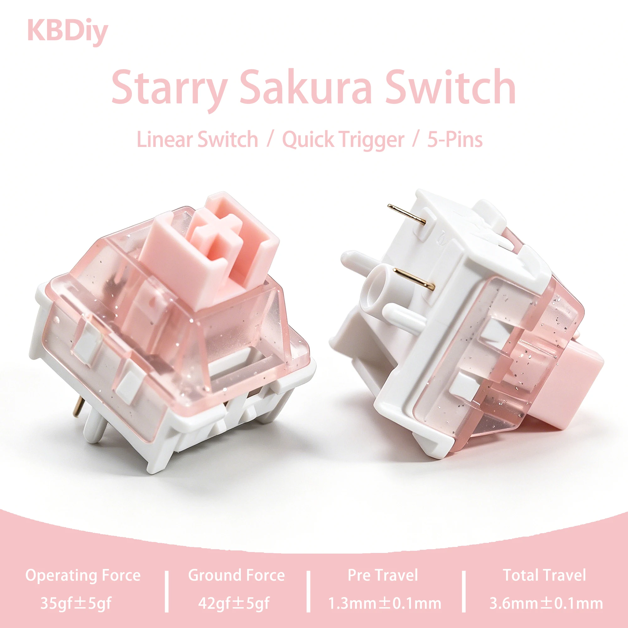 KBDiy Starry Sakura Switch 35gf 5 Pinos Linear Creamy Switches Glitter Pink para Teclado Mecânico Gamer DIY 60% Personalizado com Haste POM
